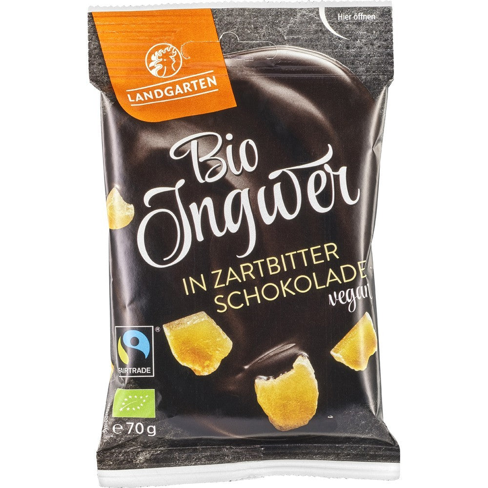 Ghimbir bio invelit in ciocolata amaruie fara gluten 70g Landgarten