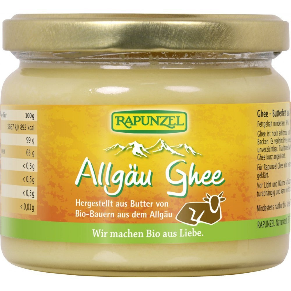 Borcan Rapunzel de ghee Allgäu 250g, etichetă galbenă cu munți albi, capac auriu.