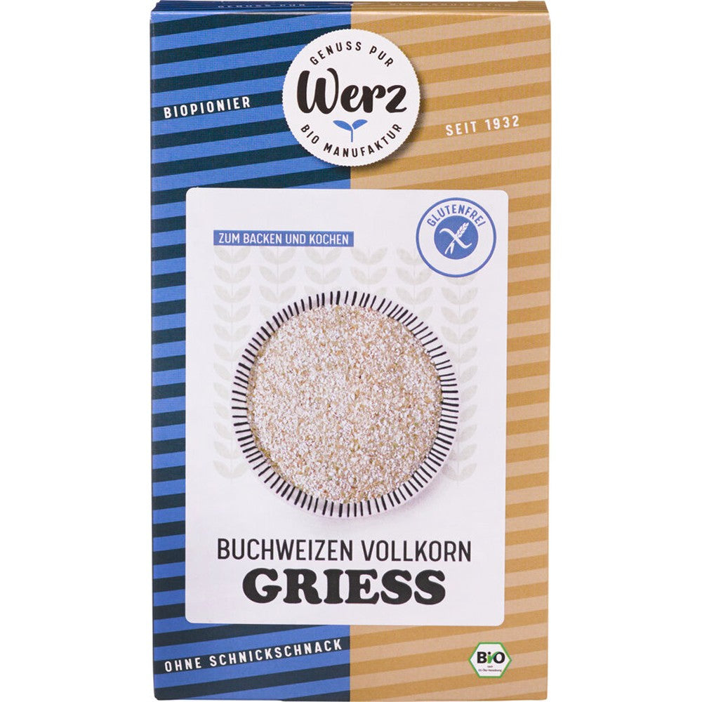 Gris BIO de hrișcă integrală fără gluten Werz, 250g, ambalaj colorat albastru și maro.