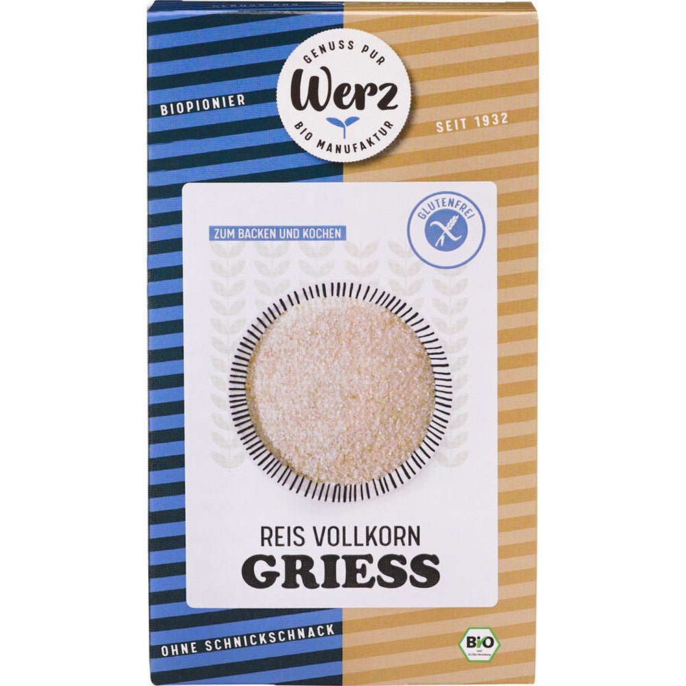 Gris de orez bio fără gluten Werz, ambalaj maro-albastru, ecologic, textură fină.