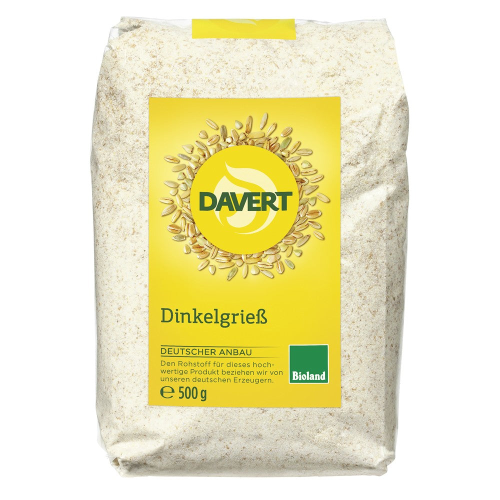 Gris bio de spelta 500g Davert, ambalaj galben, cereale integrale, agricultura ecologică.