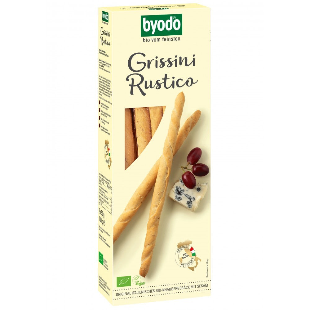 Grisine rustice cu susan bio Byodo 100g, ambalaj bej cu imagine grisine și ingrediente naturale.