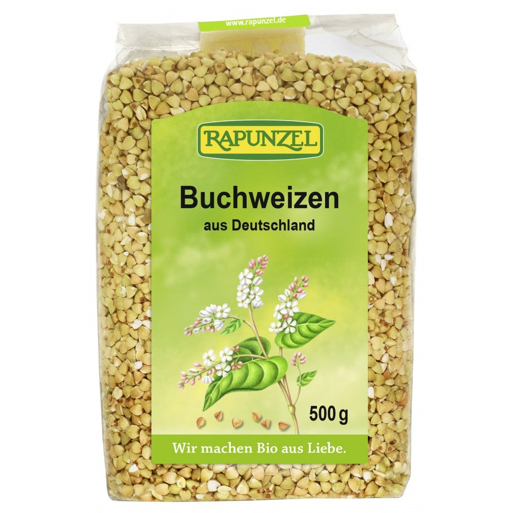 Hrișcă bio Rapunzel 500g, pachet transparent, eticheta verde, grafică plantă hrișcă.