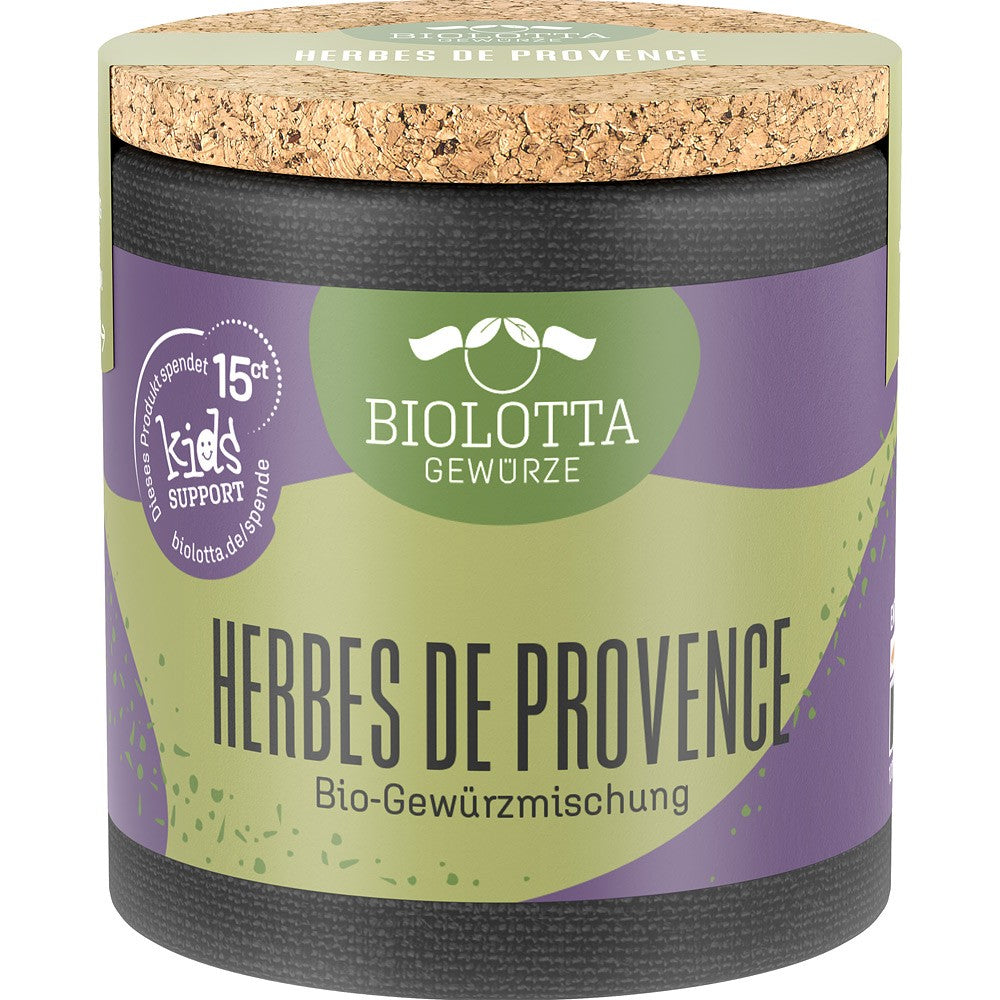Recipient cu Ierburile de Provence BioLotta, capac din plută, etichetă violet-verde.