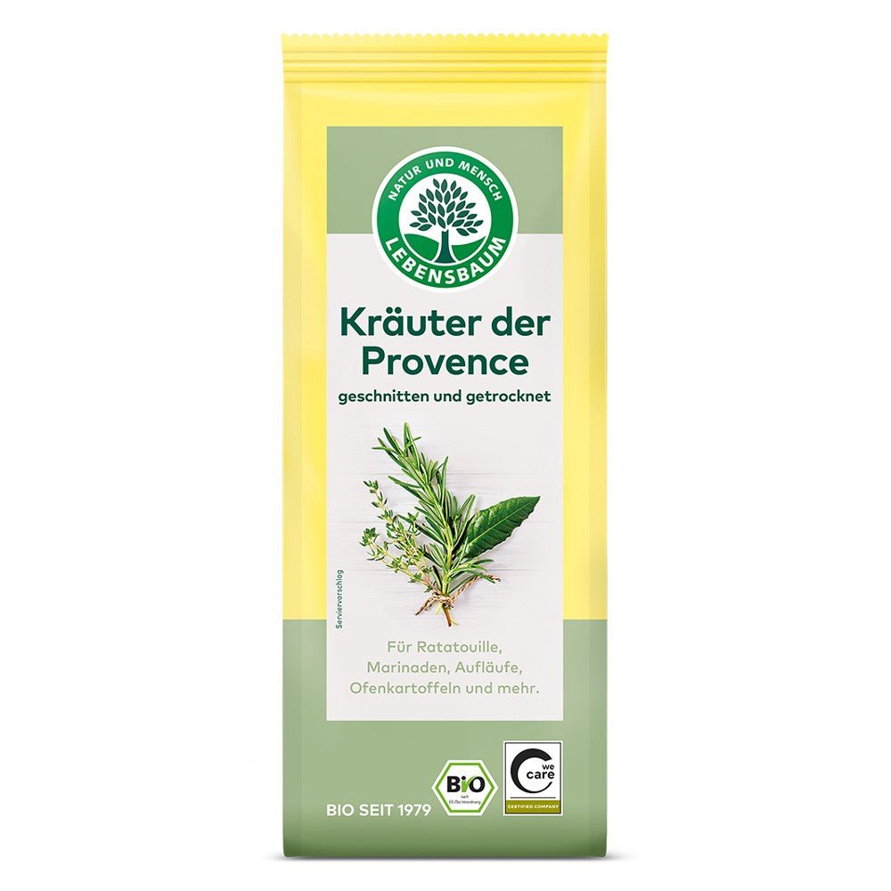 Ierburi de Provence ecologice 30g Lebensbaum, ambalaj galben și verde, ingrediente bio.