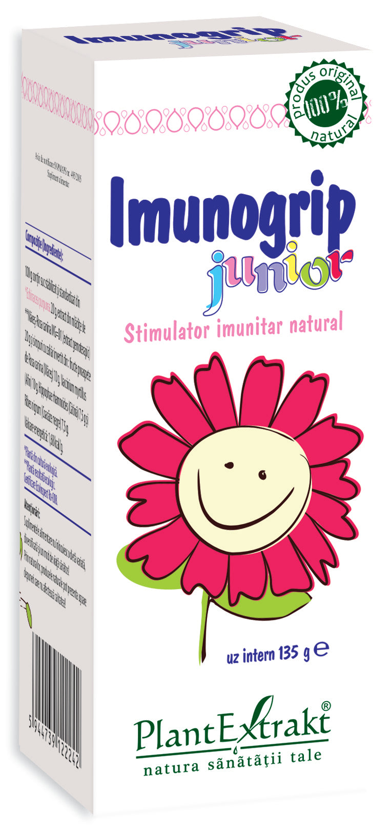 Imunogrip junior 135g Plantextrakt, cutie albă cu floare roz și zâmbitoare.