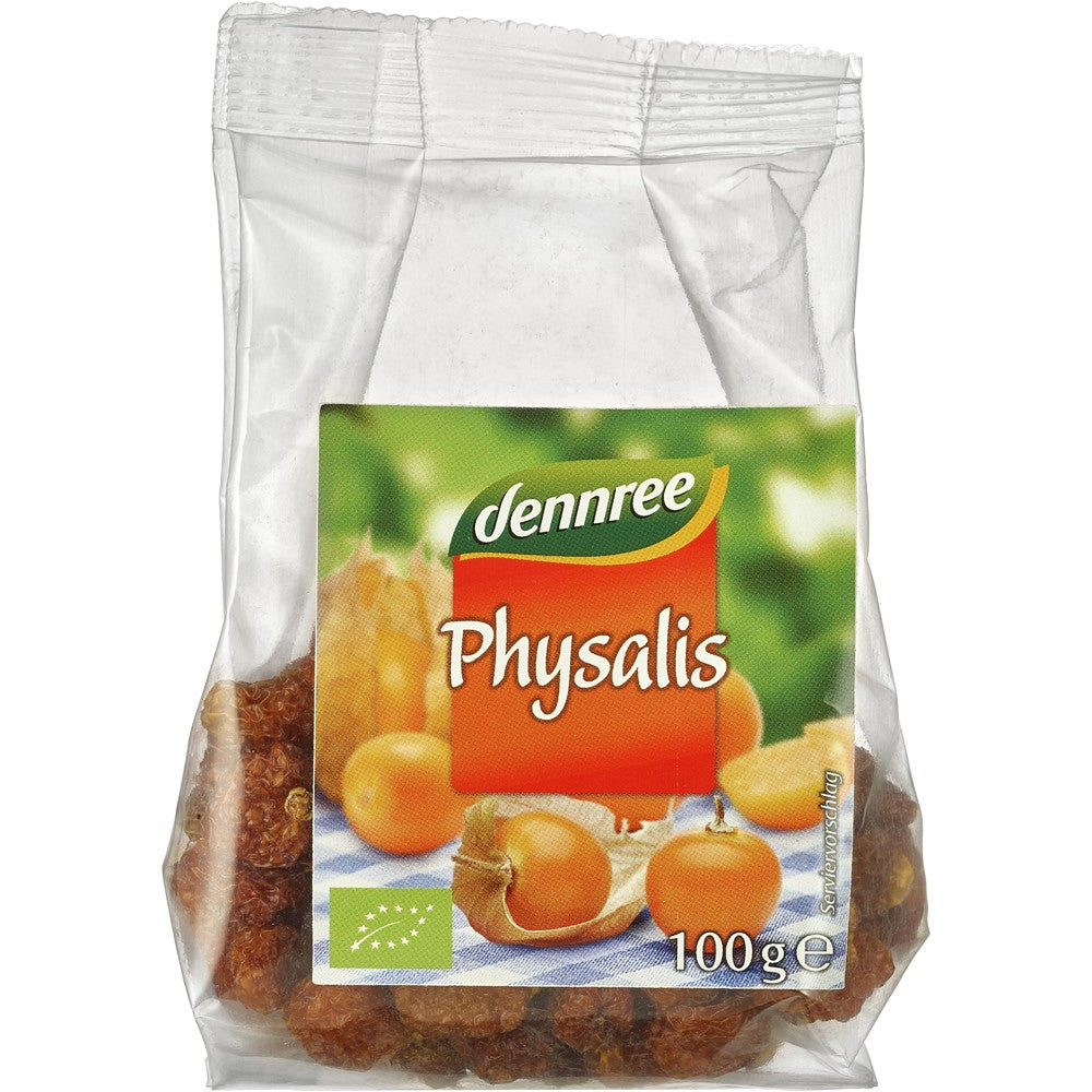 Fructe uscate bio physalis Dennree 100g, ambalaj transparent, etichetă colorată.