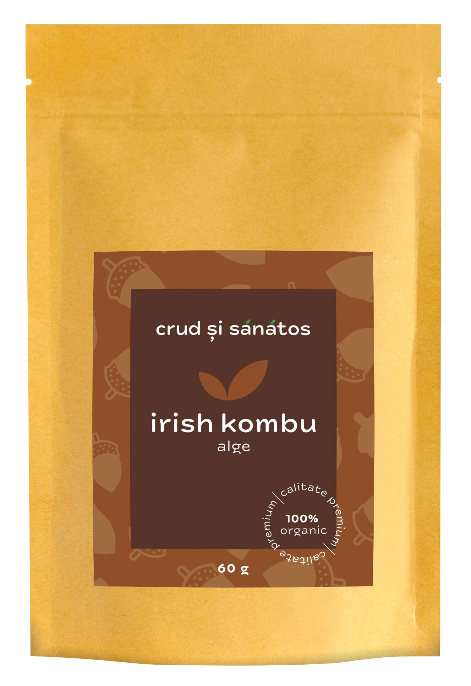 Pungă auriu-maro Irish kombu alge deshidratate, bio, 60g, crud și sănătos.