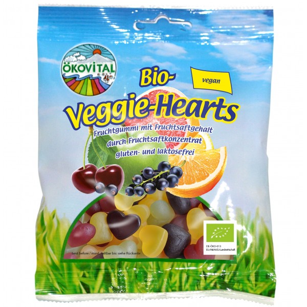 Jeleuri bio inimioare cu fructe vegane, colorate, 100g, ambalaj Okovital Veggie-Hearts.