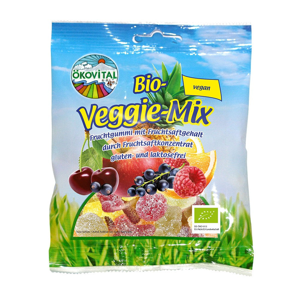 Jeleuri bio vegan Okovital, fructe și legume, fără gluten și lactoză, ambalaj 80g colorat.