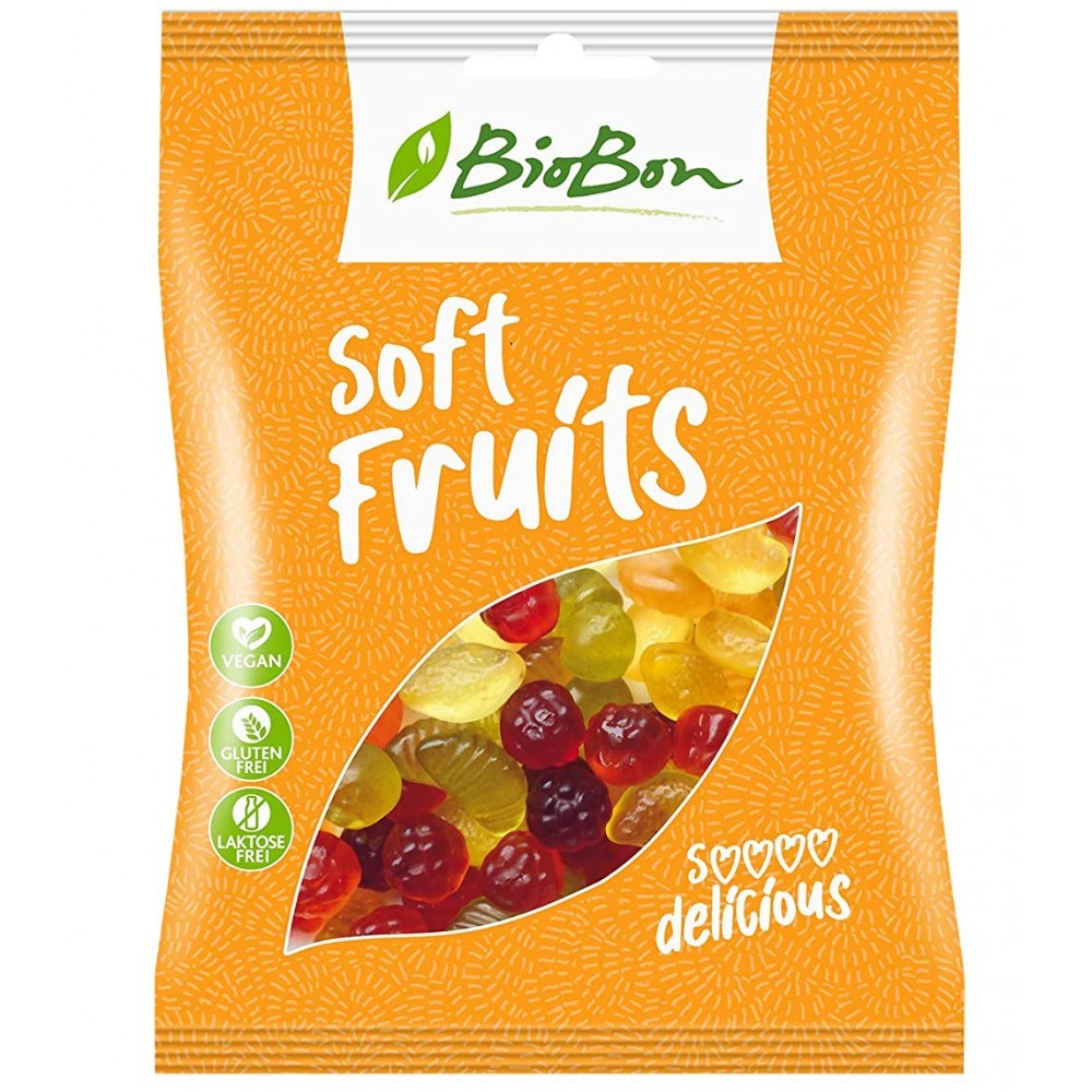 Jeleuri BioBon din fructe, fără gluten, în ambalaj portocaliu, 100g.