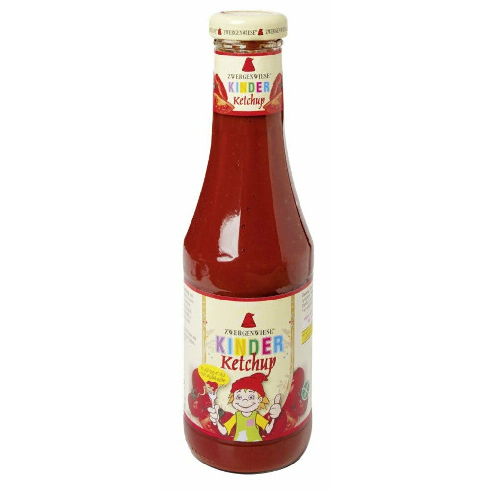 Ketchup bio pentru copii Zwergenwiese, sticlă 500 ml, etichetă cu ilustrație veselă și logo roșu.
