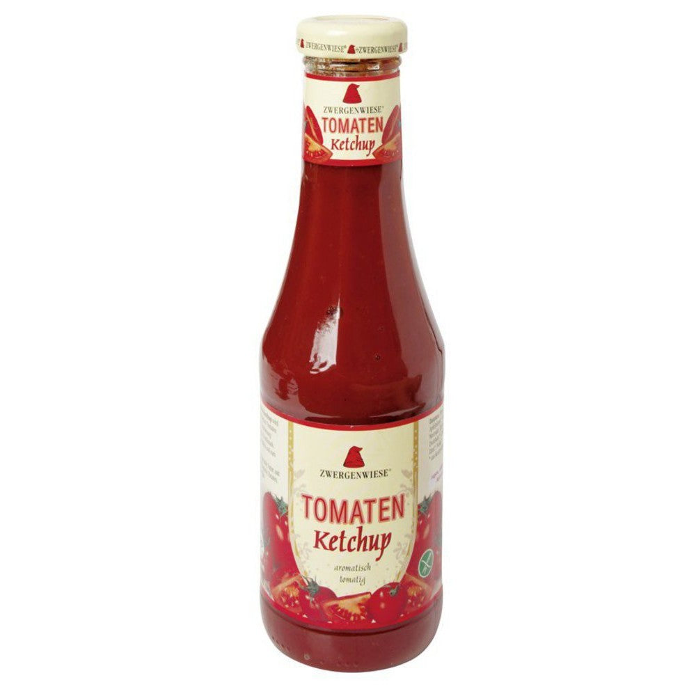Ketchup bio Zwergenwiese 500ml, roșu, sticlă cu etichetă roșii.