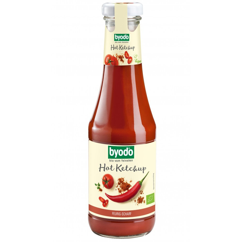 Ketchup picant bio Byodo 500ml, sticlă cu etichetă crem, imagine ardei iute și roșii.