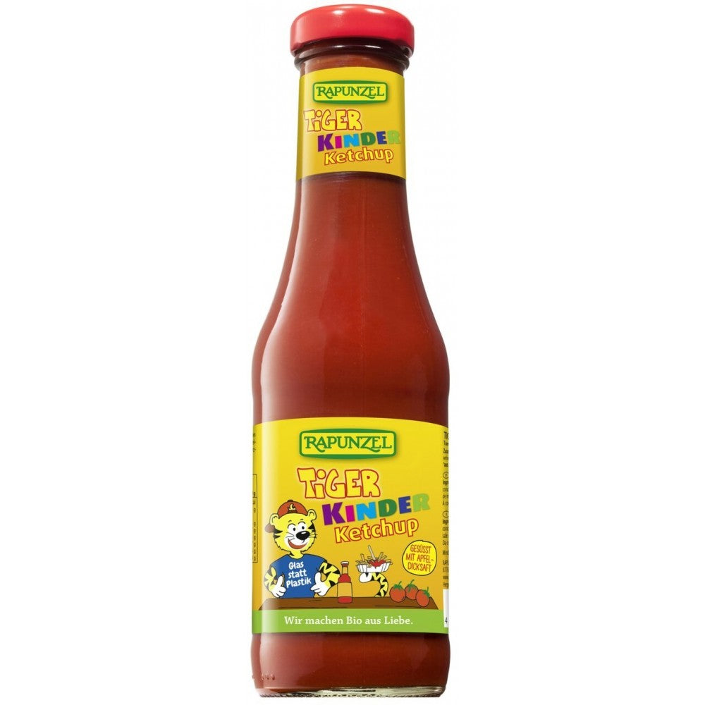 Ketchup bio pentru copii Rapunzel 450ml, sticlă roșie cu etichetă galbenă, texturi fine.