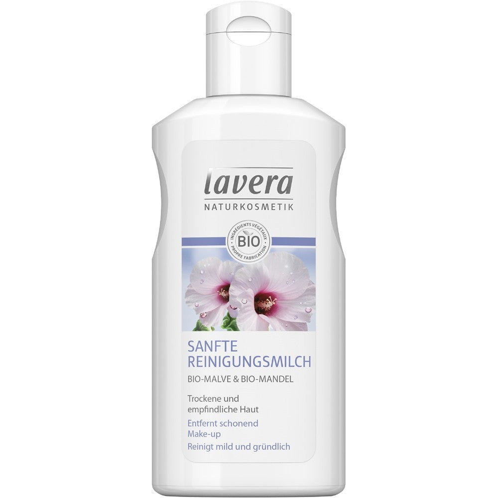 Lapte demachiant lavera 125ml cu nalbă și migdale BIO, etichetă florală, capac alb.
