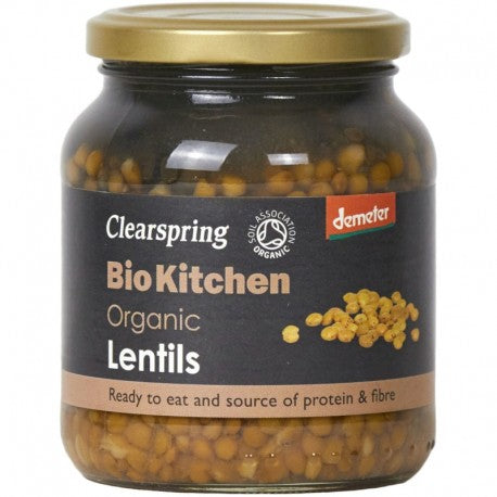 Borcan Clearspring linte maro eco Demeter 360g, etichetă neagră, capac auriu.