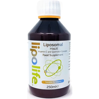 Lipolife LVC6 complex lipozomal Vitamina C Quercitin 250ml sticlă ambalaj etichetă colorată.