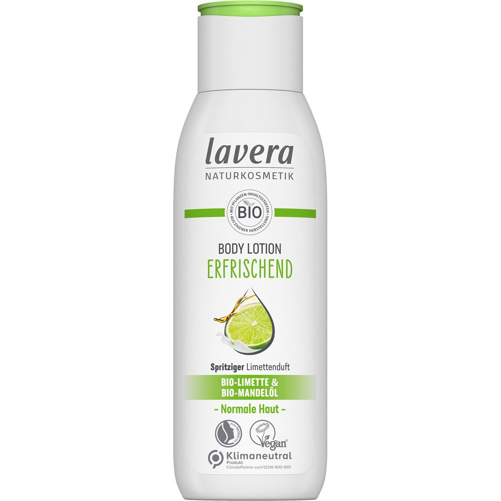 Loțiune de corp Lavera cu lime și ulei de migdale bio, 200ml, capac verde.