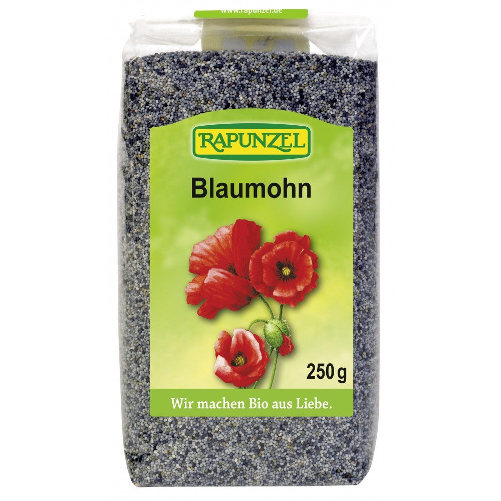 Pachet mac albastru bio Rapunzel 250g, etichetă verde, fundal flori de mac roșii.