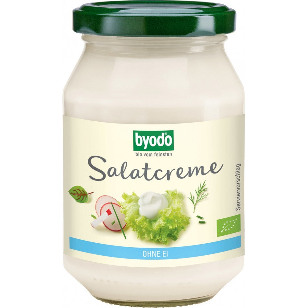 Maioneza bio pentru salate fără ou Byodo 250g, ambalaj borcan, capac verde.