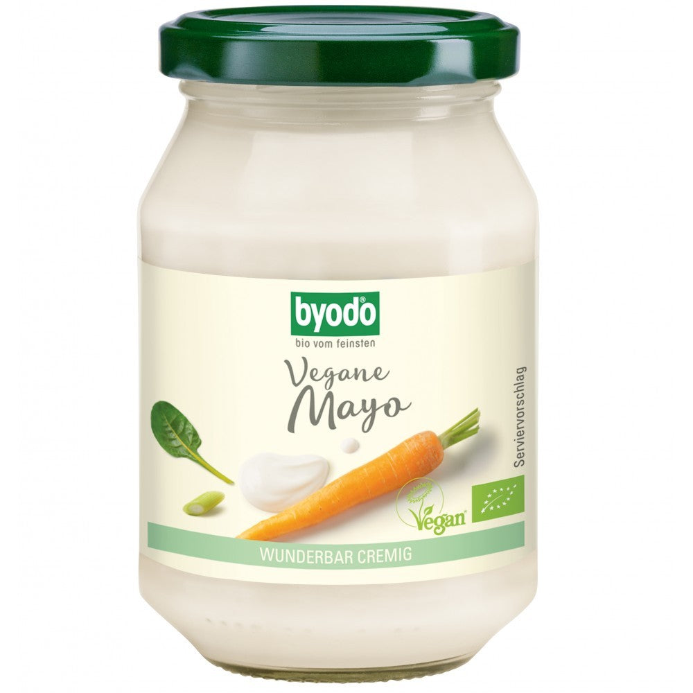 Maioneza vegana Byodo 250ml, borcan cu capac verde, etichetă crem cu morcov.