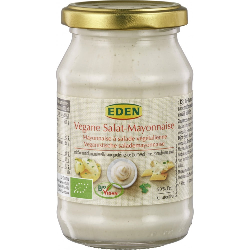 Maioneza vegetală bio fără ou 250ml Eden, borcan de sticlă, capac auriu, etichetă multilingvă.