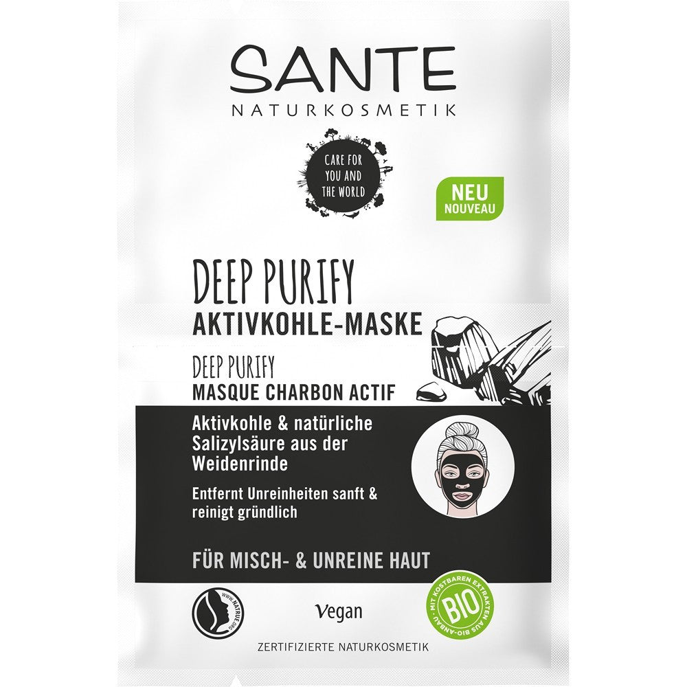 Masca de față Sante Deep Purify, cu cărbune activ și acid salicilic, pentru ten mixt și cu pete, ambalaj alb-negru.