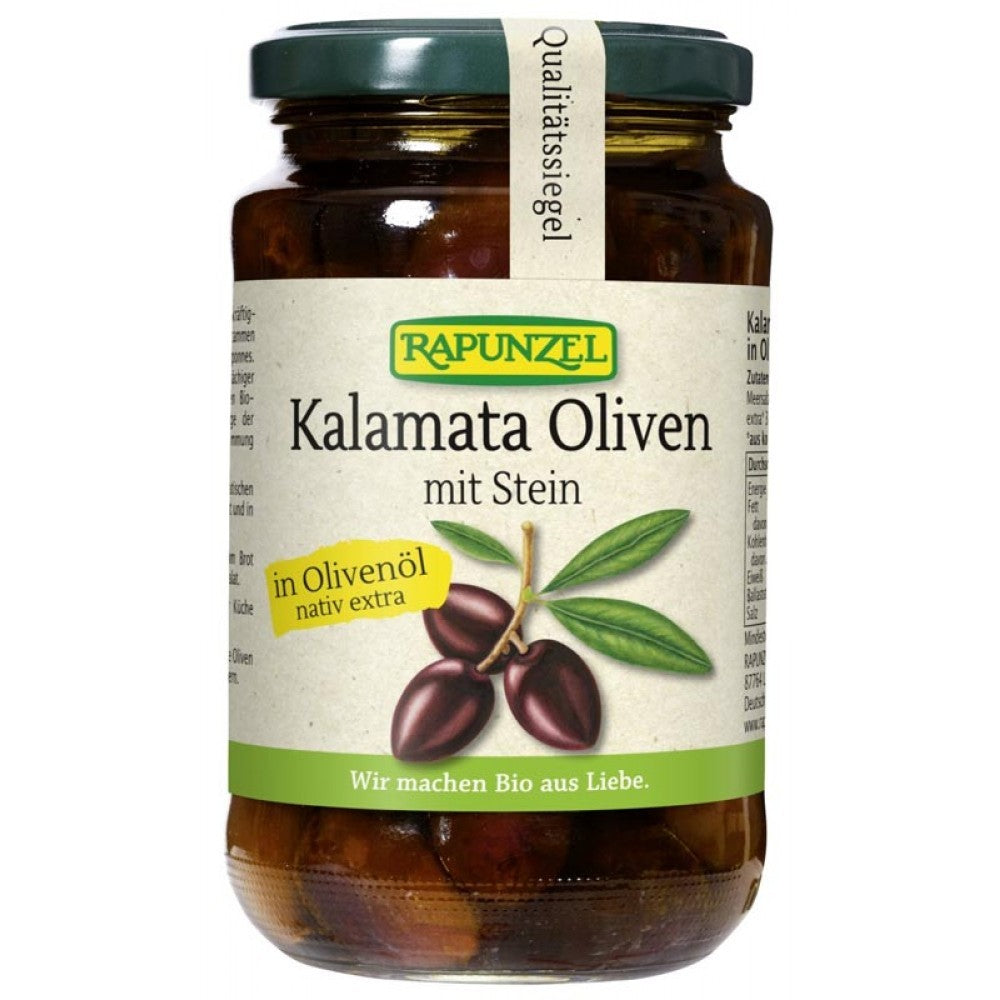 Masline Bio Kalamata violet cu samburi in ulei de masline extravirgin 335g Rapunzel