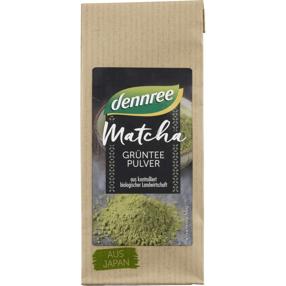 Matcha pulbere bio 30g Dennree, pachet maro cu etichetă verde și imagine ceai verde.
