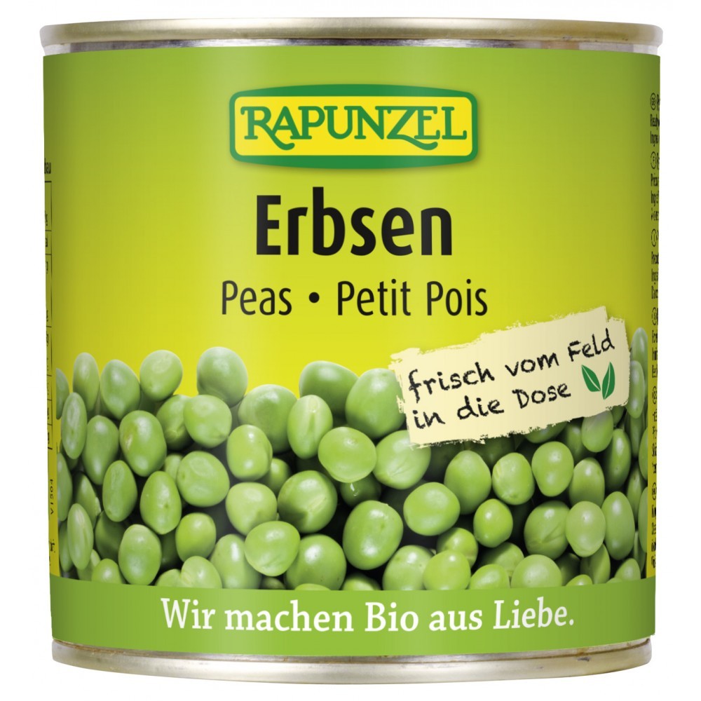 Conservă mazăre verde bio Rapunzel 340g, etichetă verde-galben, text negru.