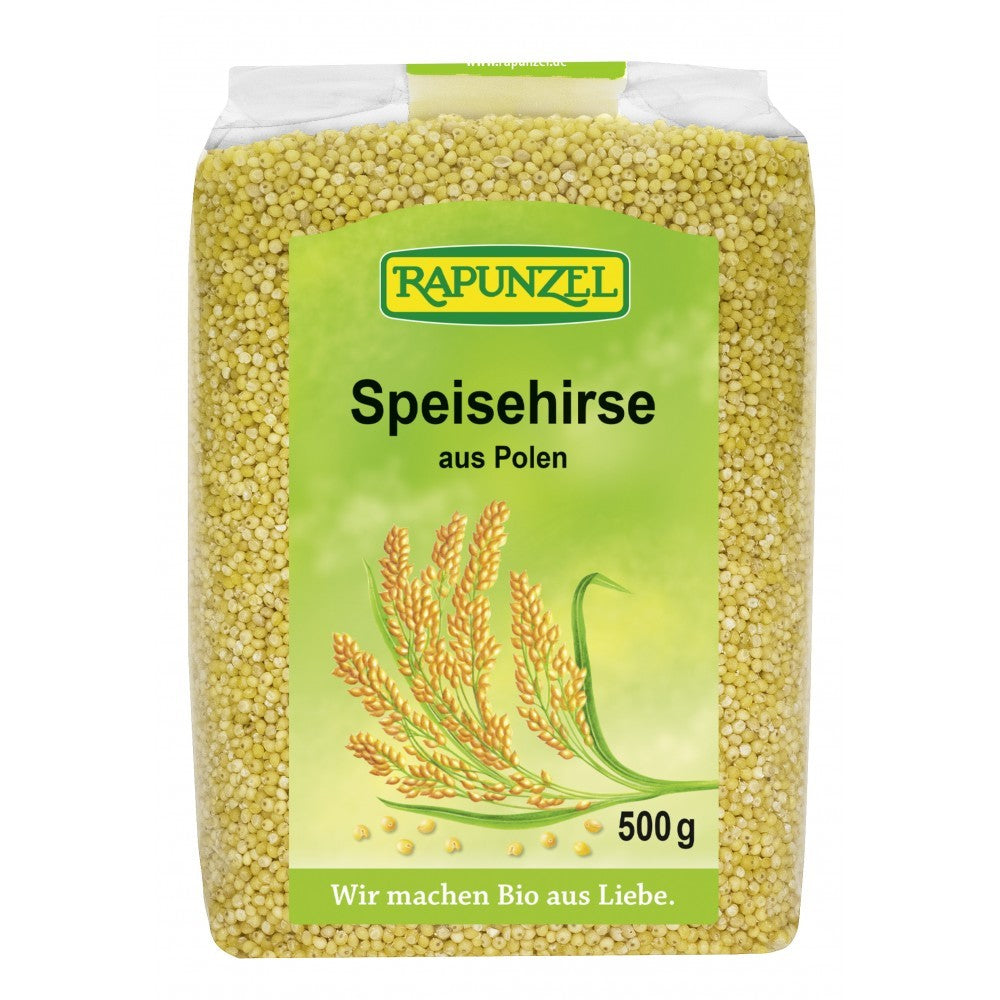 Pachet de mei bio fără gluten Rapunzel, 500g, ambalat ecologic, etichetă verde cu ilustrație spic.