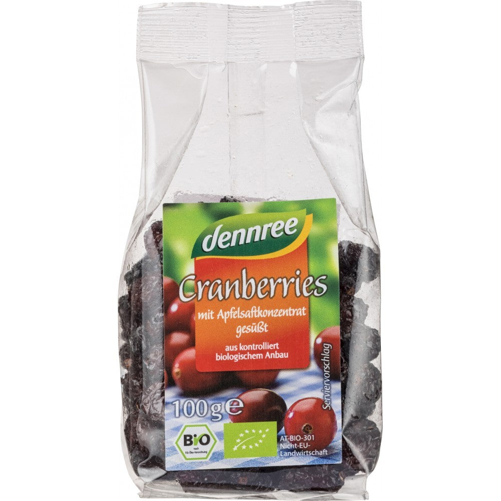 Merisoare bio Dennree 100g, fructe uscate ambalate, etichetă colorată.