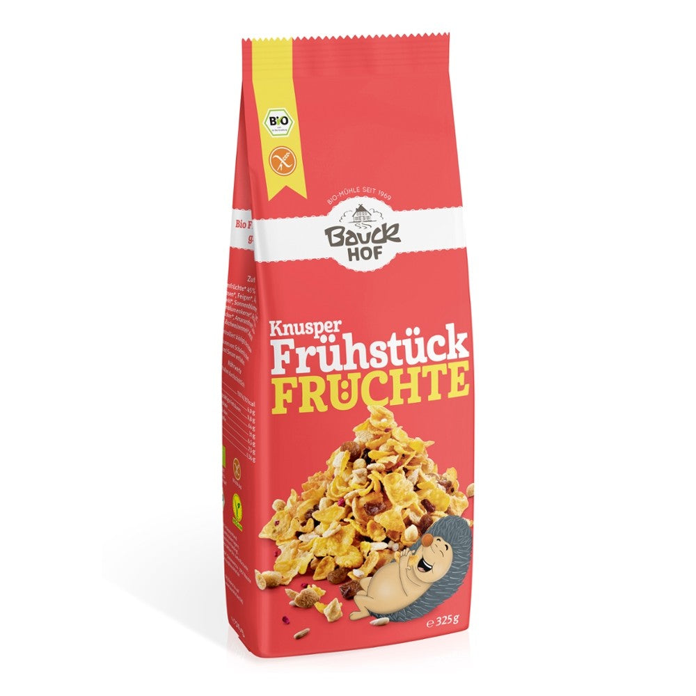 Mic dejun crocant fructe fără gluten, fulgi bio, ambalaj roșu.