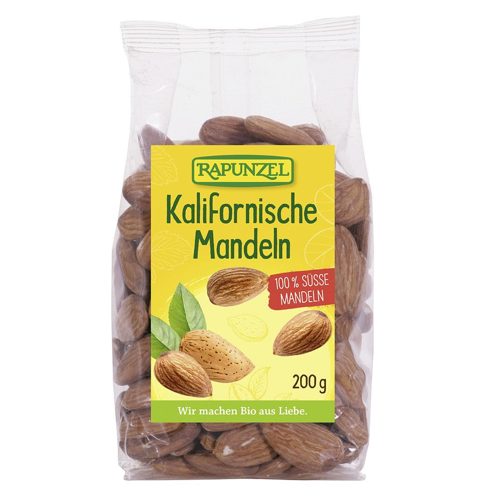 Migdale Californiene bio Rapunzel 200g în ambalaj transparent, etichetă galbenă.