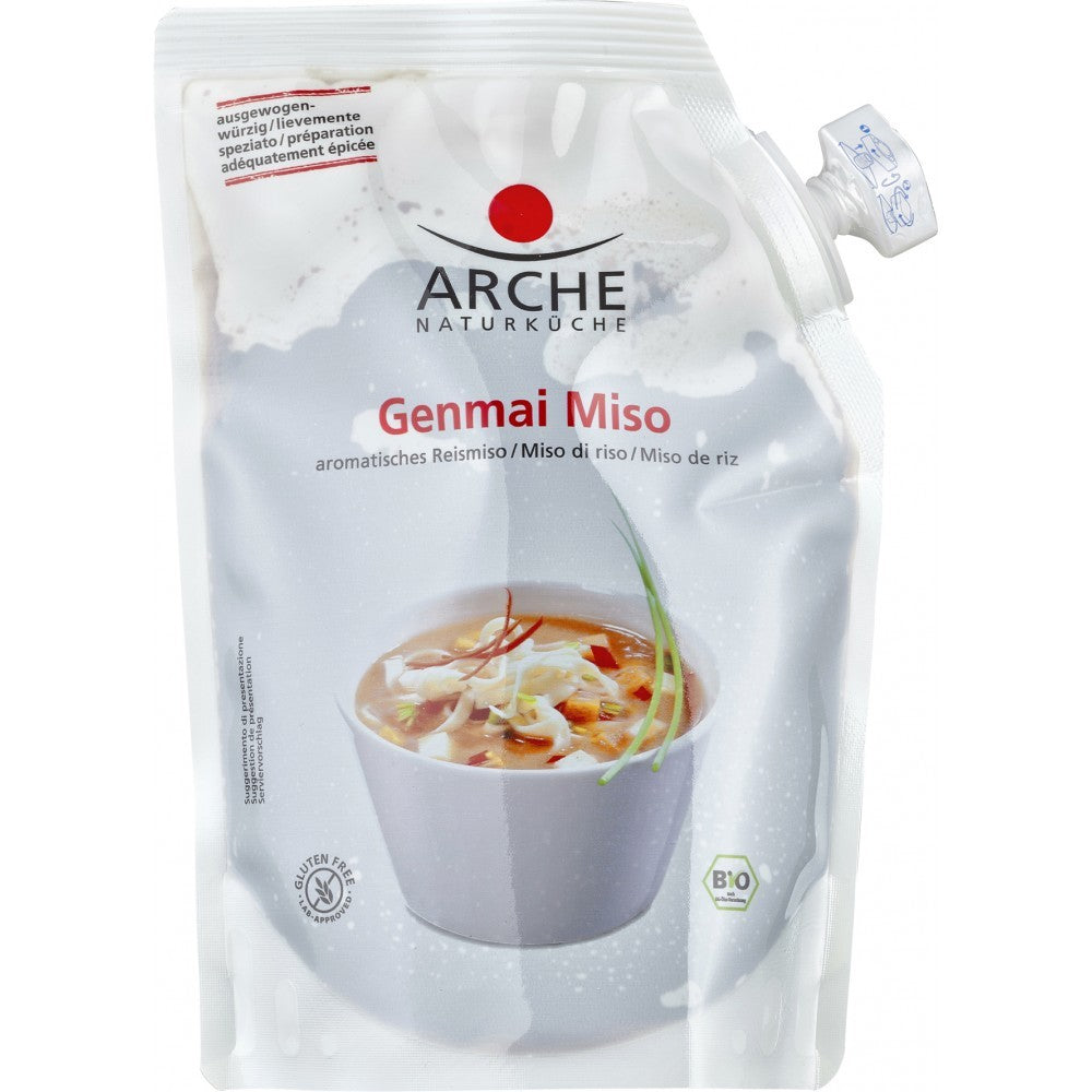 Miso Genmai ecologic 300g Arche, ambalaj alb cu design minimalist și logo roșu.