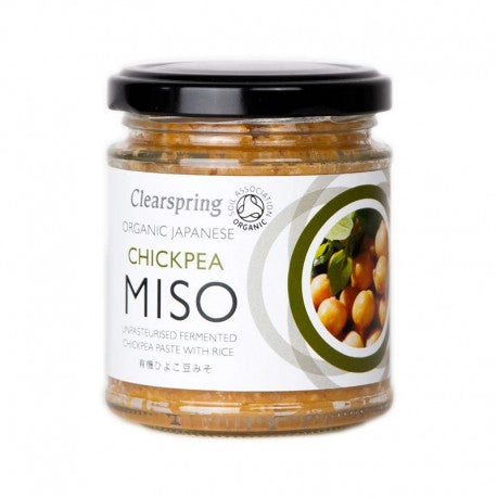 Borcan miso de năut Bio Clearspring 150g, capac negru, etichetă albă cu imagine năut, text japonez.