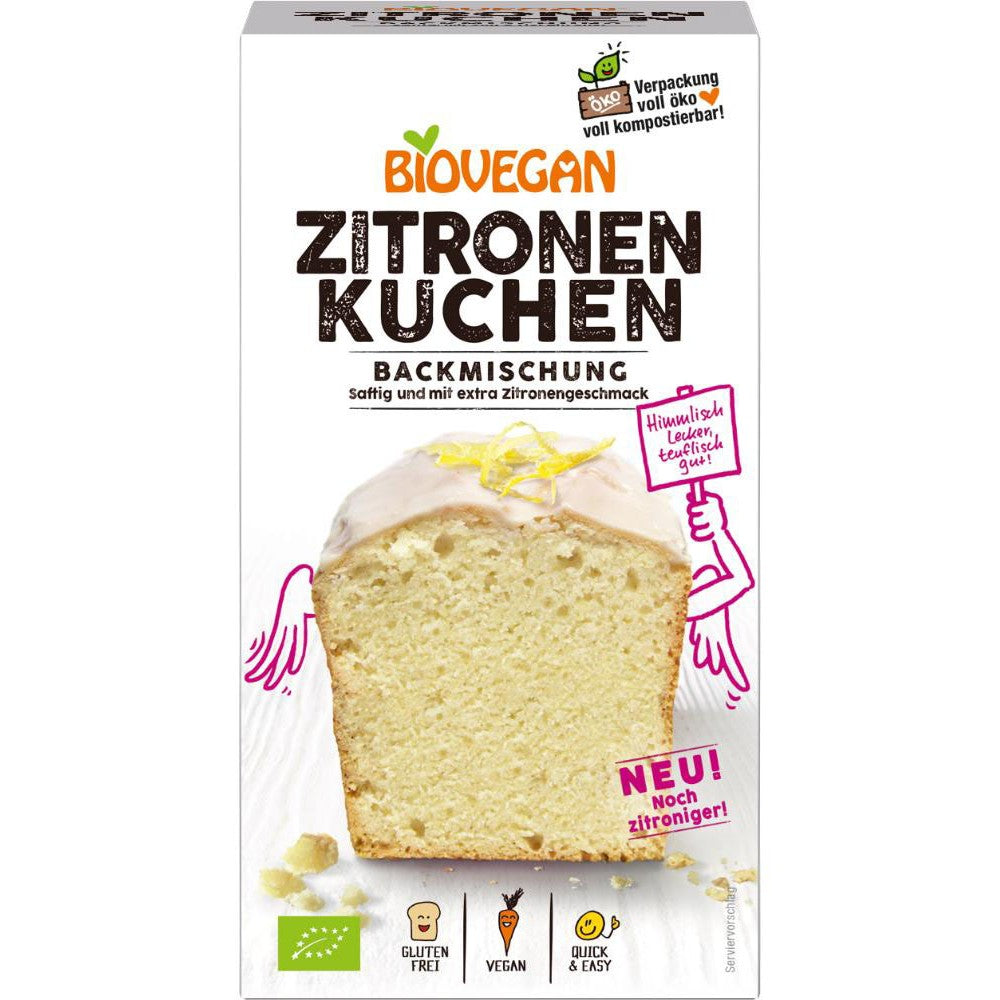 Mix pentru chec cu lămâie Biovegan 430g, ambalaj compostabil, fără gluten, vegan, aromă intensă de lămâie.