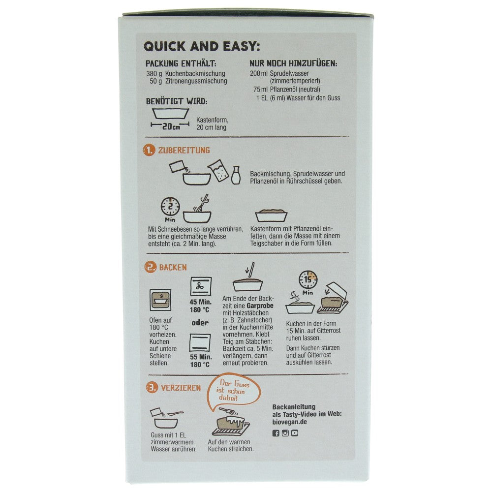 Instrucțiuni de preparare mix chec lămâie Biovegan, text în germană, ambalaj alb.