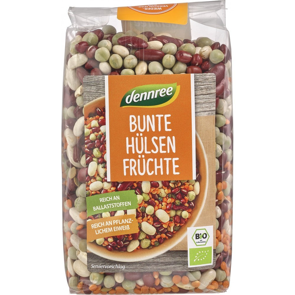 Mix leguminoase bio Dennree 500g, mazăre, linte, fasole, culori variate, ambalaj transparent.