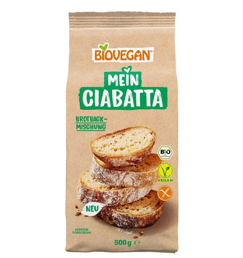 Mix de făină bio ciabatta fără gluten Biovegan 500g ambalaj maro cu felii pâine.