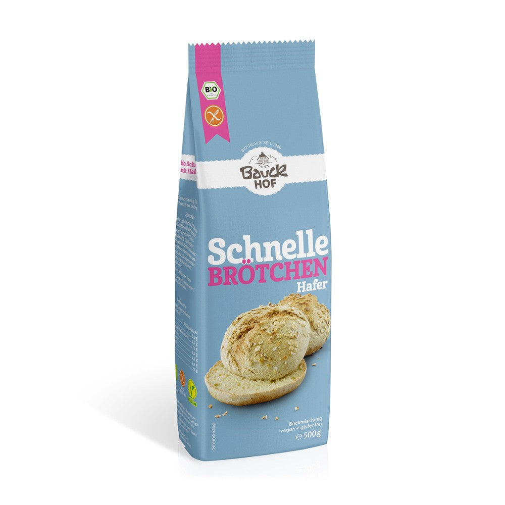 BauckHof Mix Făină Chifle Rapide Ovăz Fără Gluten 500g, ambalaj albastru cu chifle ilustrate.