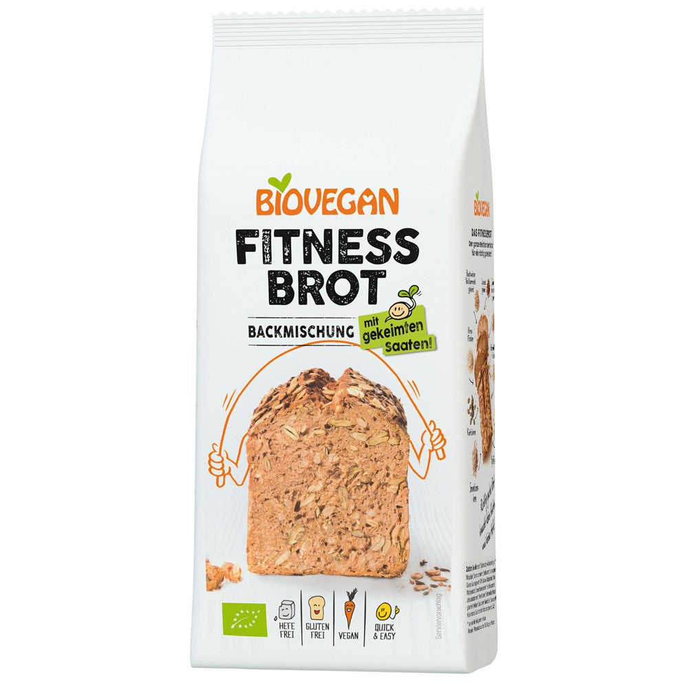 Mix de făină pentru pâine fitness fără gluten, 330g, ambalaj alb cu design portocaliu.