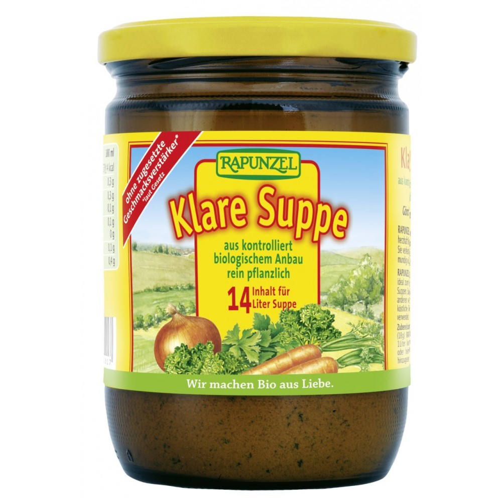 Mix de legume bio Rapunzel pentru supa clara 250g în borcan de sticlă, etichetă galbenă.