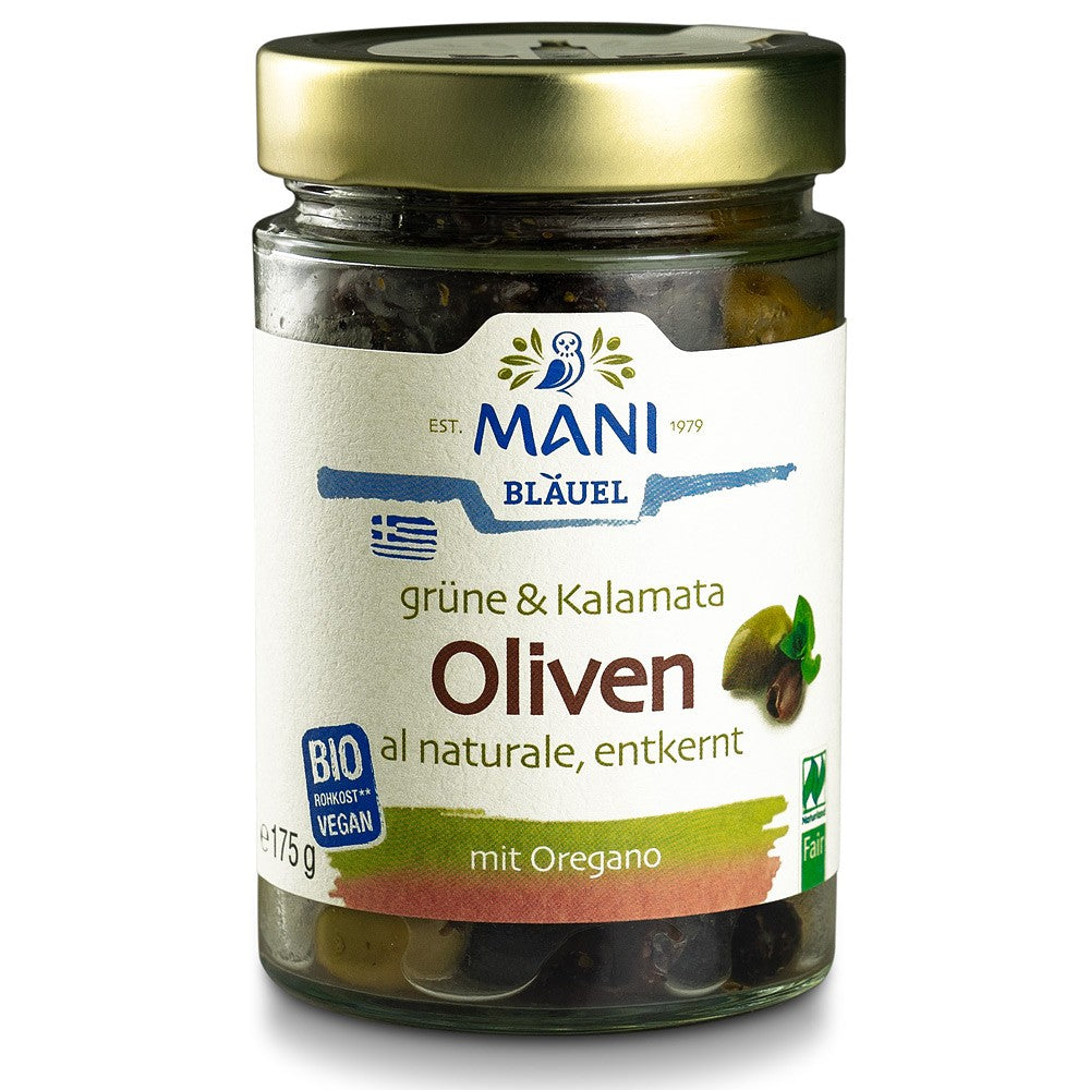 Mix măsline verzi și Kalamata cu oregano Mani, borcan 175g, capac auriu, etichetă albă cu logo albastru.