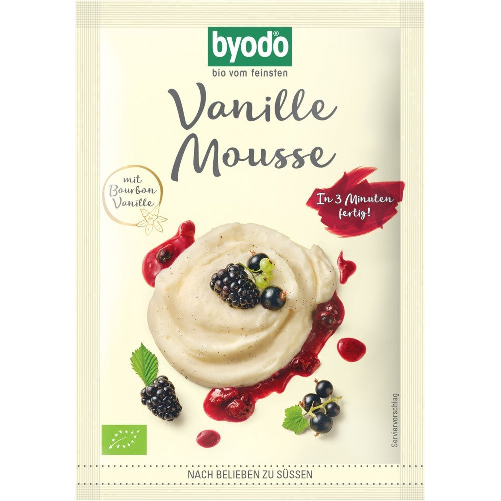 Mix mousse vanilie Byodo 36g, bio, fără gluten, decorat cu fructe, ambalaj crem cu roșu și negru.