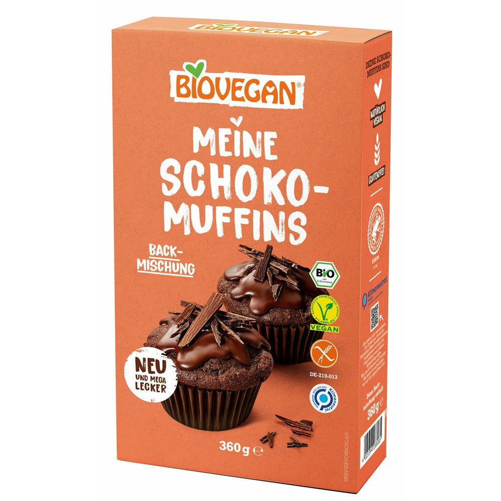 Mix pentru muffins cu ciocolată fără gluten Biovegan, bio, 360g, ambalaj portocaliu.