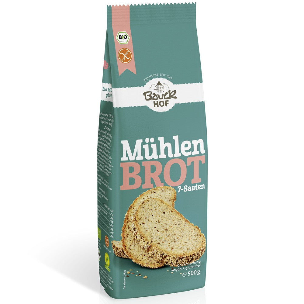 Mix pentru pâine de moară fără gluten BauckHof 500g, ambalaj verde cu imagine pâine felii.