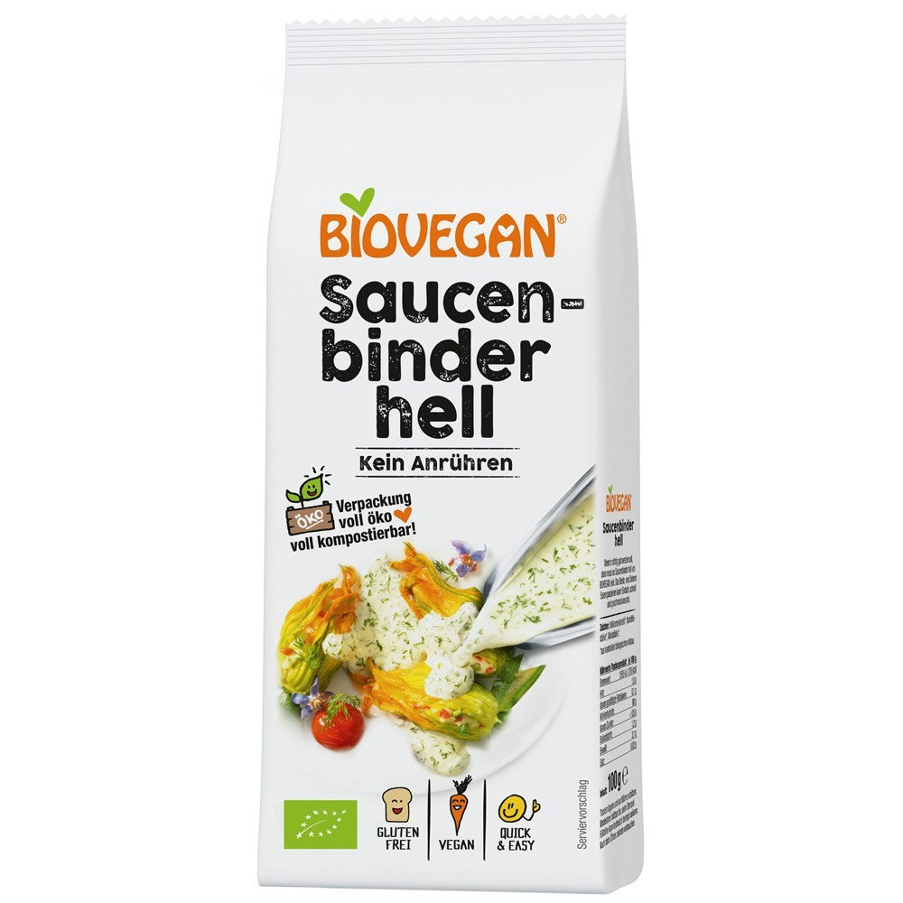 Mix pentru sos alb BioVegan, ambalaj alb cu detalii verzi, gluten-free, vegan.