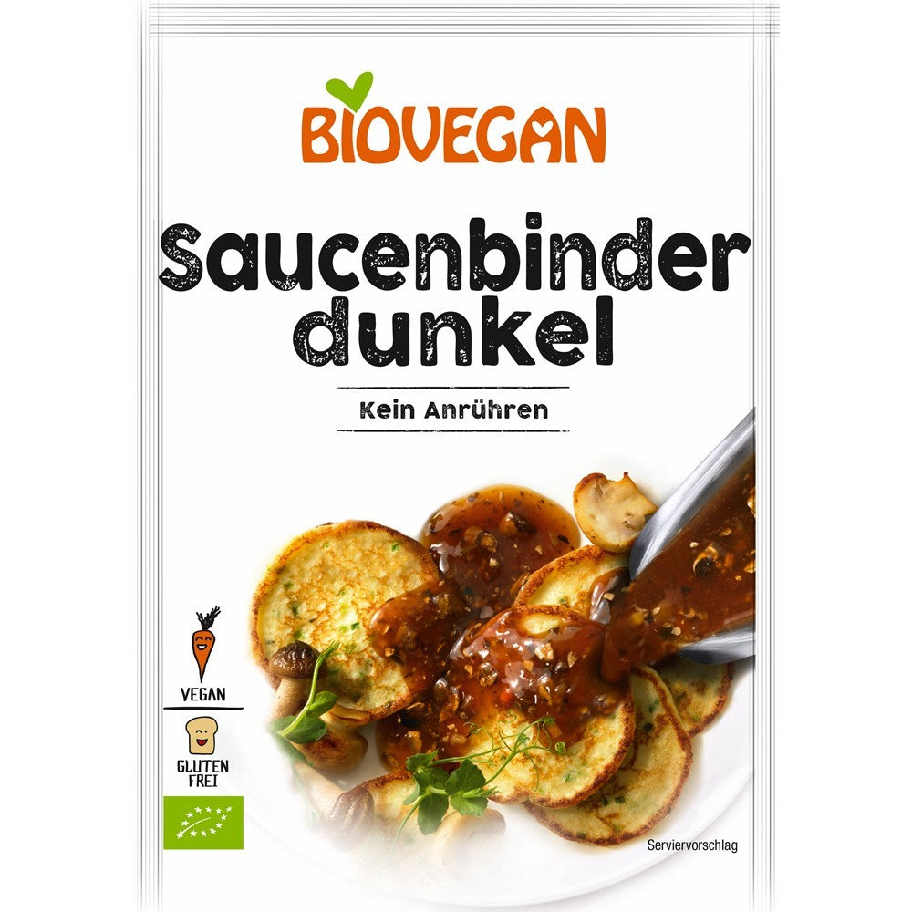 Mix pentru sos brun fără gluten, vegan, 100g, biovegan, ambalaj alb, imagine sugestie servire.